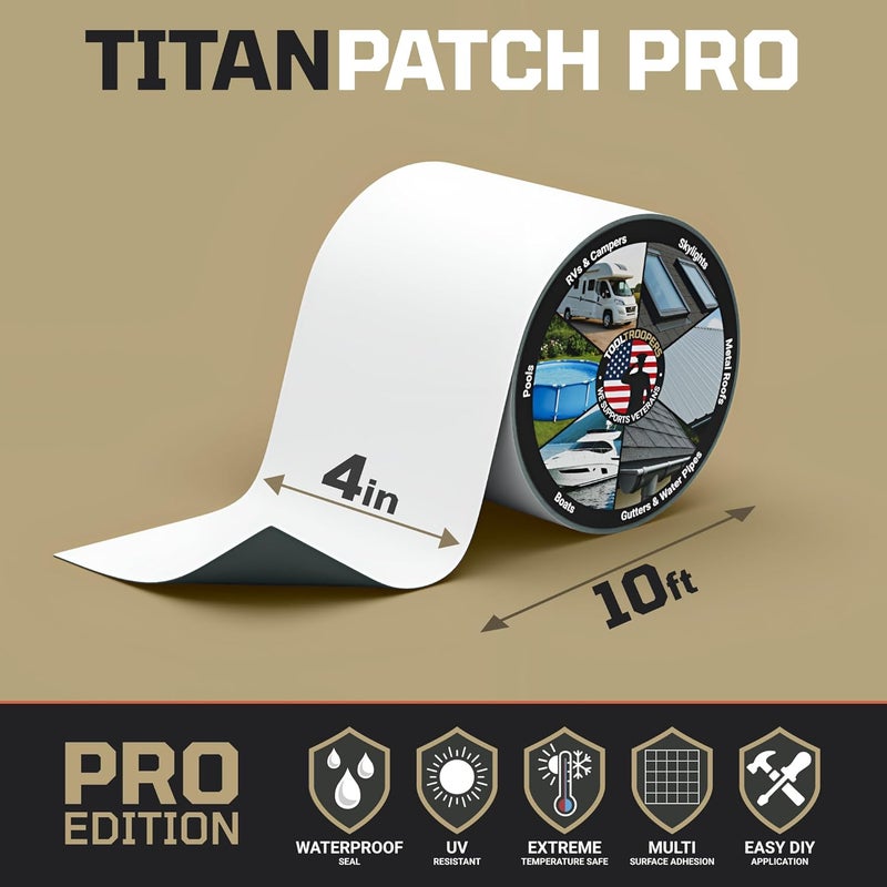 TOOLTROOPERS TITANPATCH PRO Waterproof Sealant Tape – White 4" x10' – Stops Leaks Fast & Stays Sealed for 15+ Years – Sticks to RVs, Roofs, Pools, Boats, Gutters – Built for Harsh Weather (-40°F to 190°F) - Image 2